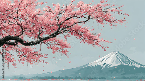 Serene Japanese Landscape Cherry Blossoms and Mount Fuji in Harmony.