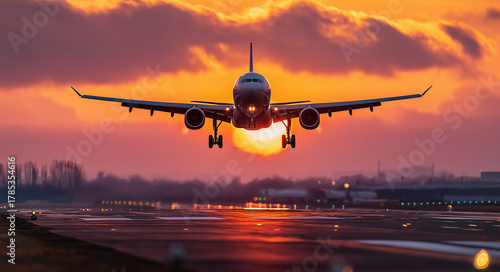 Dramatic airplane soaring into a vibrant sunset, symbolizing travel, adventure, and the promise of new horizons with a fiery sky backdrop