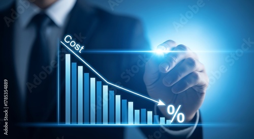 Businessman drawing a downward trend graph indicating cost reduction and percentage decrease with a marker background image