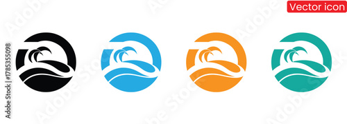Tropical island getaway logos create sunny vacation vibes,Palm Island Vector Icon, Simple black silhouette of two palm trees on a small island. Silhouette of Two Palm Trees on an Island