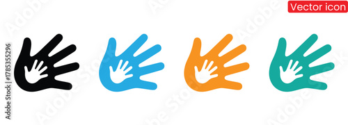 Colorful hand prints representing childhood support design,Charity icons set. Collection of hands, donations, hearts, unity and more. Vector illustration. Easily changes to any color.