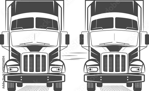 Black and white vector illustration of two large cargo trucks front view, transportation logistics and delivery service design concept artwork