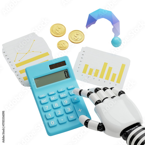 Robotic hand using a calculator with financial charts and coins isolated on transparent background