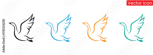 flying goose logo vector icon illustration,Four elegant goose designs with unique, flowing line art,Goose silhouette icon vector flat design on white background.