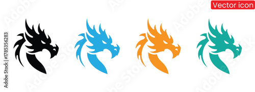 Powerful dragon logo icons in black blue orange and teal,Set of black dragon icons. Mythical dragons in different styles isolated on white background.