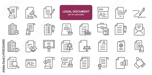 Set of line icons related to legal documents, permission, grant, declaration. Outline icons collection