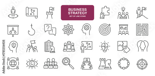 Set of line icons related to business strategy, solution, idea, action. Outline icons collection