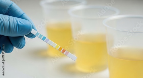 Closeup of a gloved hand holding a urine test strip over plastic cups with yellow liquid
