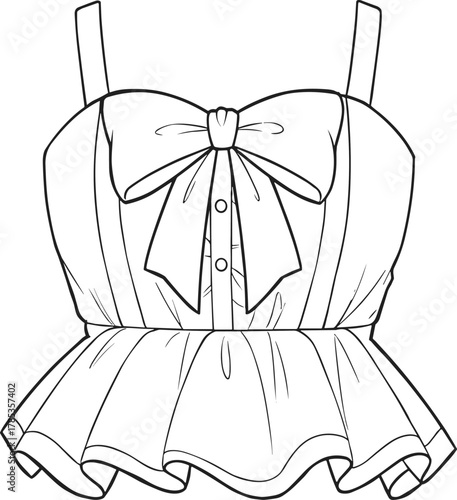 Feminine peplum camisole top technical flat sketch, featuring a large decorative bow, sweetheart neckline, thin straps, and button-front detail, fashion vector template.
