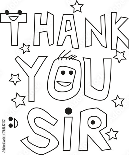 Thank you sir" coloring page outline with stars and happy faces
