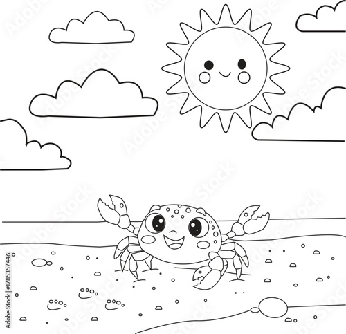 Cute cartoon crab on the beach with sun and clouds, coloring page