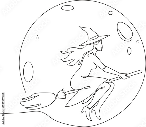Continuous line art of a witch flying broom before a full moon