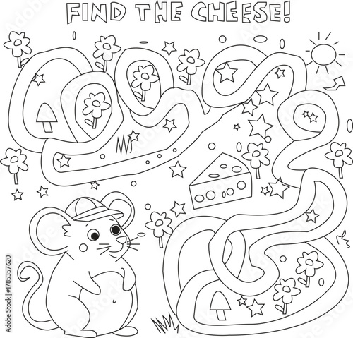 Adorable mouse finds cheese in a fun maze activity coloring page