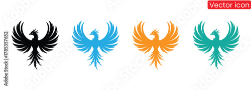 Fiery phoenix birds in vibrant colors ready to take flight,Phoenix Rising in Monochrome. vector: Ideal for use as a tattoo, icon, web graphic design, and info graphic concepts."