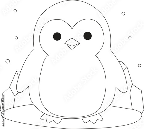 Coloring book page with a cute cartoon penguin on an ice floe