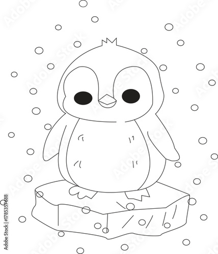 Sweet cartoon penguin illustration on ice floe with winter snow