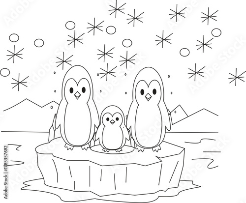 Penguin family on ice floe, winter scene, line art illustration