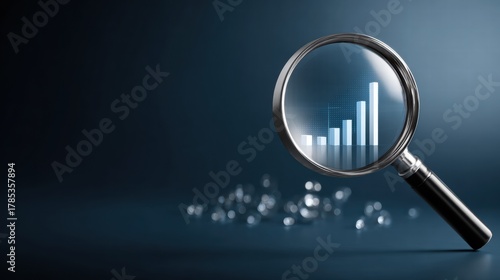 Magnifying glass highlights business growth chart with upward trend. Generative AI analysis financial success stock increase profit investment statistic performance market economy improvement