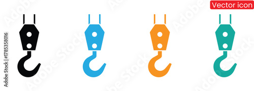 Minimalist crane hook icon in solid art on white background perfect for construction or engineering designs and industrial themes.Colorful crane hook set for construction and lifting needs,