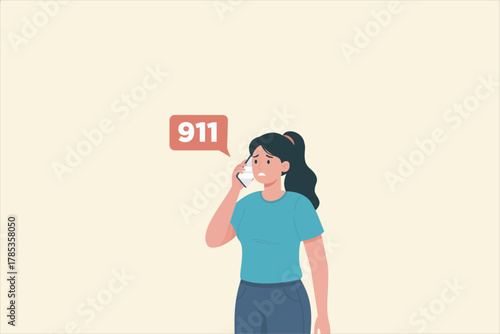 A flat vector illustration of a worried woman making an emergency call to 911. She is holding a smartphone to her ear, looking anxious and distressed. Vector illustration. 