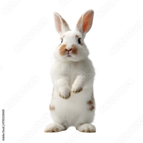 Adorable white rabbit standing on its hind legs  on white background.