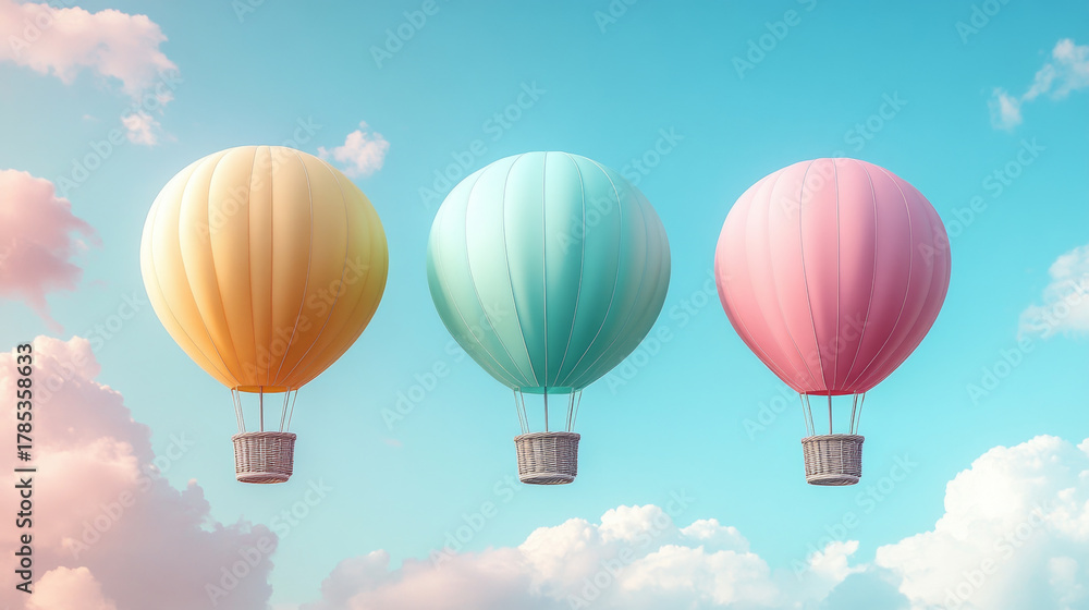 Fototapeta premium Three Colorful Balloons Floating on a Blue Background