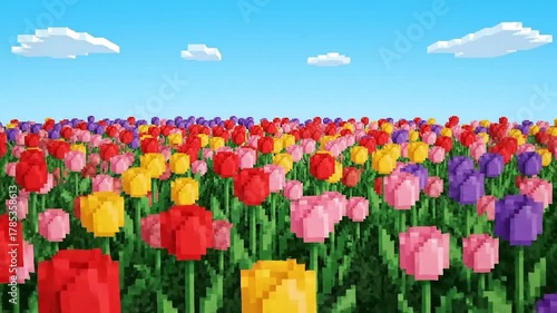A vibrant field of pixelated tulips in various colors under a bright blue sky with white clouds