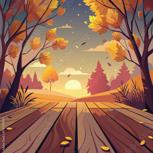 Autumn forest view from wooden deck at dusk fall season