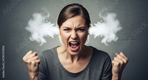 Furious woman with steam coming out of her ears, screaming in anger and frustration, clenching fists, aggressive expression, dark background