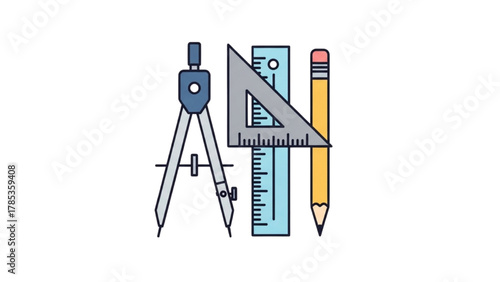 A set of technical drawing instruments with a compass, rulers, and pencil for drafting and educational purposes