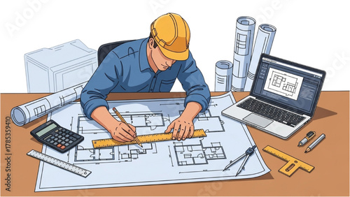 Architect or engineer drawing a building plan at a desk with drafting tools and a computer