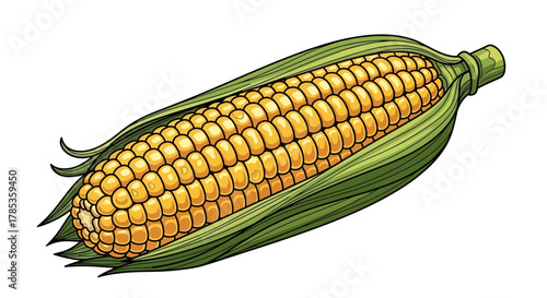 A close-up illustration of a ripe ear of yellow corn with green husks partially peeled back.