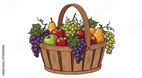 A vibrant illustration of a rustic wooden basket overflowing with fresh, ripe fruits like apples, grapes, and pears.