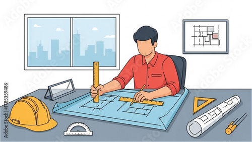 Professional architect at work, designing a building floor plan with drafting tools