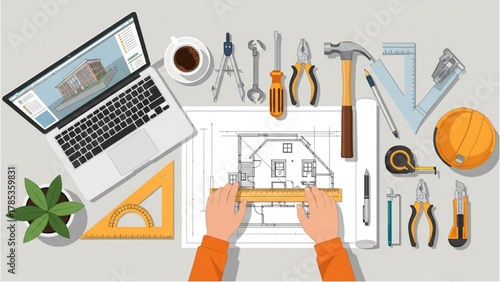 Architectural Design Workspace Drawing Plans with Tools and Laptop