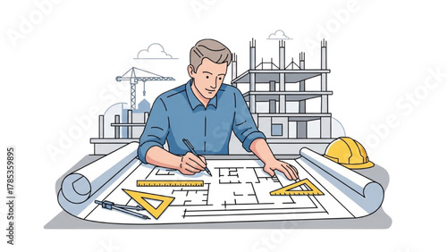 Architect Drafting Building Plan with Tools and Construction Site View