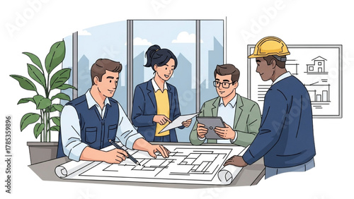 Architectural Team Collaborating on Blueprints in a Modern Office Space