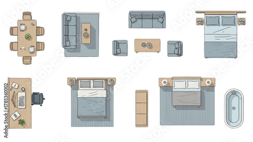 Top-Down View of Furniture Layouts for Interior Design and Home Planning