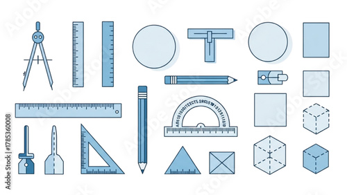 Detailed assortment of mathematical geometry instruments and basic shapes in a clean, professional vector style