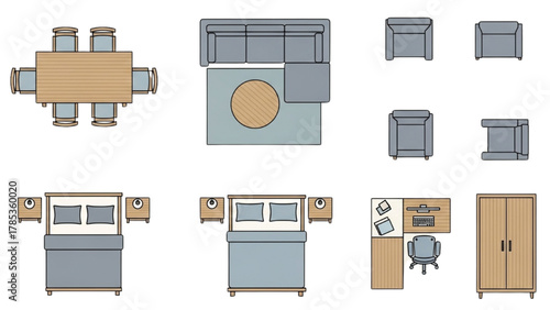 Top-down view of furniture layouts for rooms bedroom, dining, and office spaces