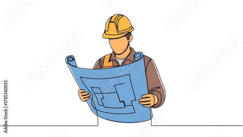 Continuous line drawing of a construction worker reviewing blueprints, symbolizing architectural planning and engineering