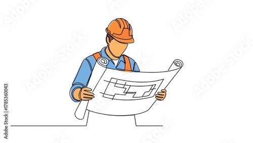 Continuous one-line drawing of a construction engineer or architect studying a blueprint plan