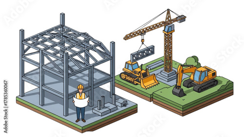 Construction Site Illustration Building, Crane, and Machinery in an Isometric Style