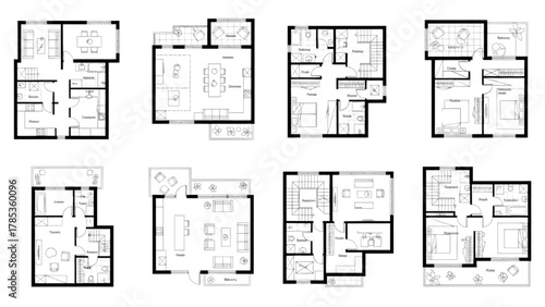 A diverse collection of residential floor plans and architectural schematic concepts for building projects