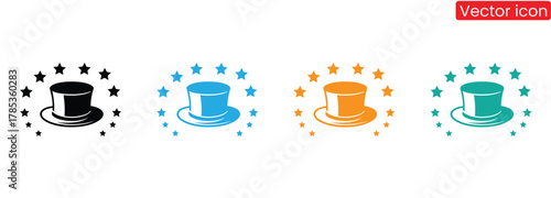 Magical hats with stars in black, blue, orange, and teal,Magic hat icon. Simple magic hat icon with stars. Represents magic, illusion, surprise, and mystery.