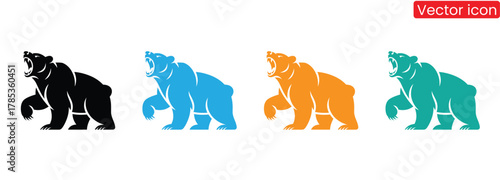 Powerful bear icons in black, blue, orange, and teal hues,Bear Silhouette in Minimalist Style vector