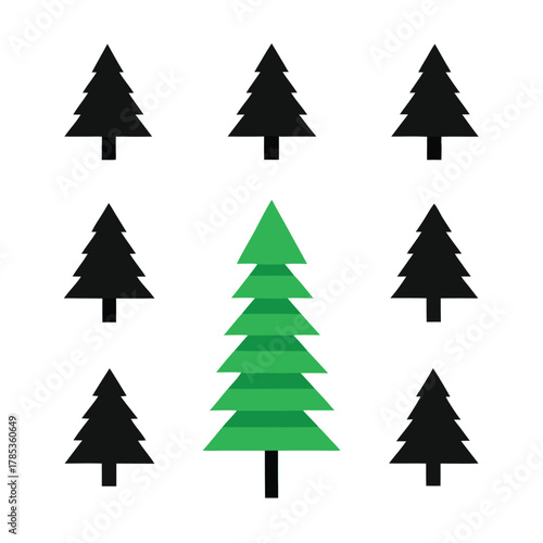 Central green Christmas tree with surrounding black trees