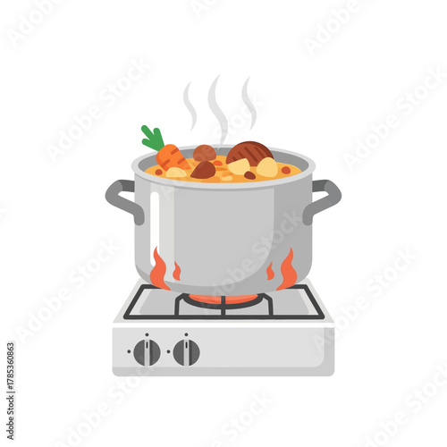 Boiling soup pot on stove symbolizing homemade food and kitchen cooking process