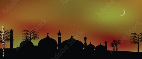 Beautiful silhouette of mosque with palm trees and crescent moon in sunset sky, Islamic background for Ramadan, Eid al-Fitr, or Eid al-Adha and Isra Miraj celebrations. eps10.