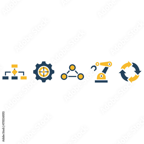 Business Process & Workflow Icons

Flat vector icon set of workflow symbols — flowchart, settings gear, connection nodes, automation robot arm, circular arrows 